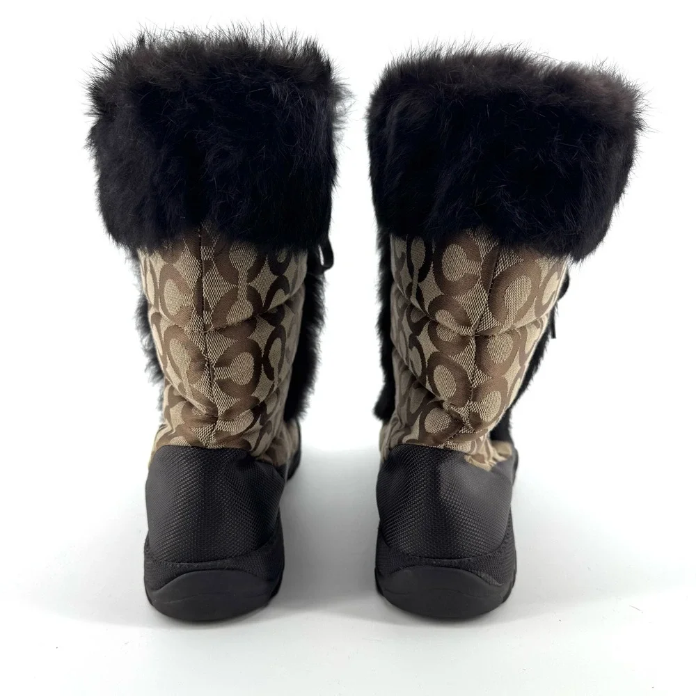 COACH Jennie Vintage Boots Women 10 Khaki Brown Logo Faux Fur Winter Snow Luxury